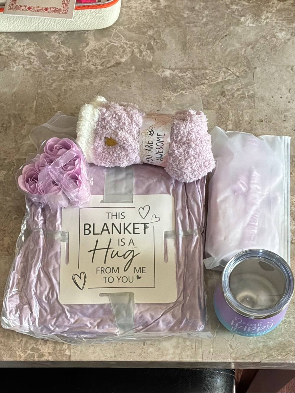 Soft Lavender Hug Blanket Gift Set with Cozy Socks & Tumbler